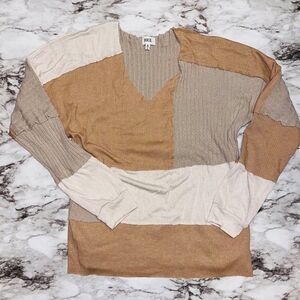BKE Pieced Raw Edge V-Neck Sweater Taupe Women M Cottage Hippie Fairy Academia